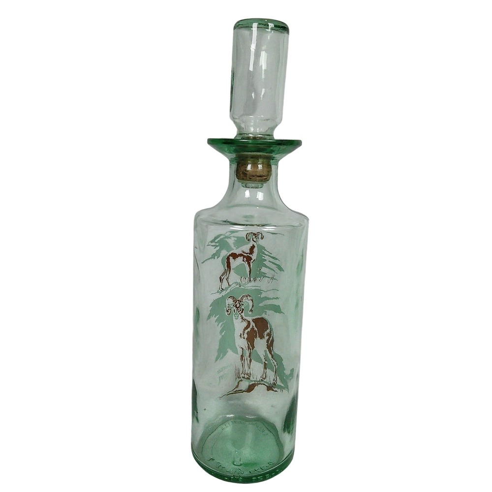 Vintage American Bighorn Glass Decanter Green 12.5in Ram Wildlife Barware